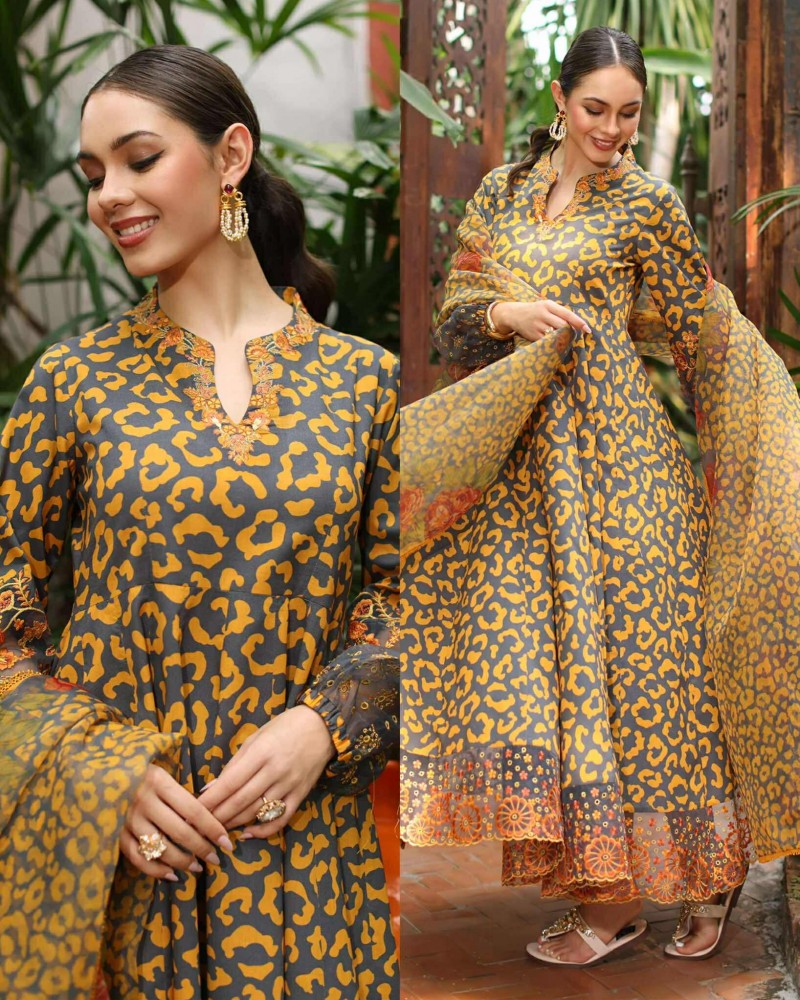 Charizma Mustard Gray Lawn embroidered