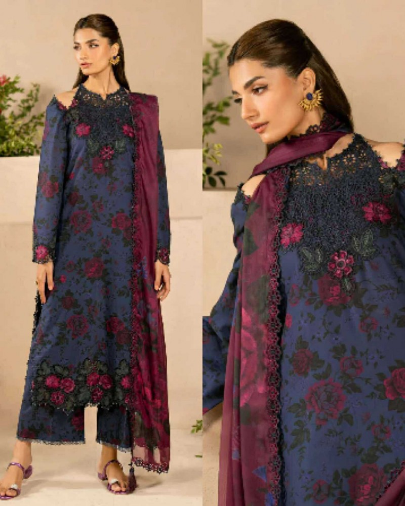 Iznik Blue Lawn with embroidered border duppate