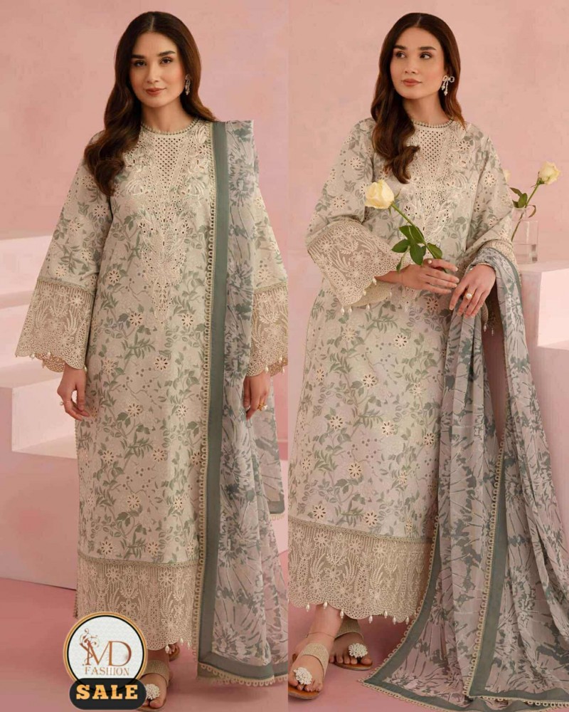 Afrozeh gray green Emb lawn with border duppata