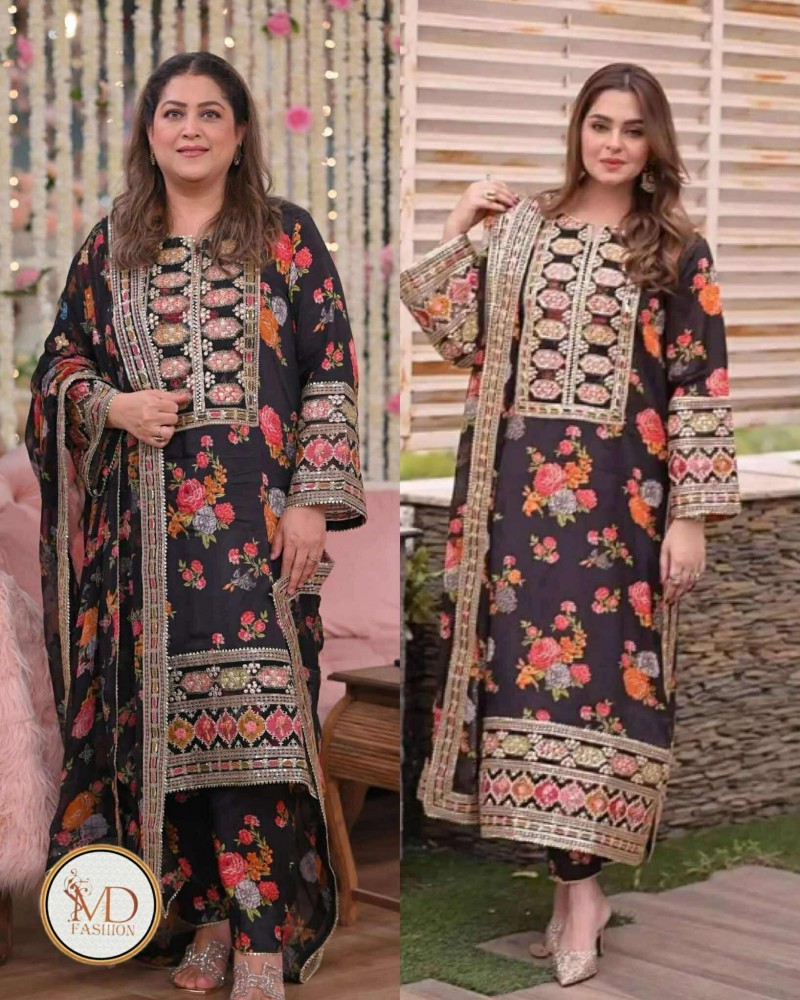 Kareena Black Charmeuse Silk with embroidered