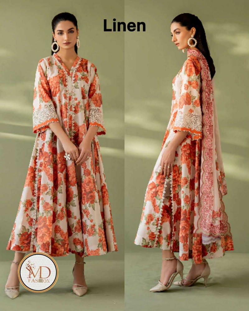 Baroque winter Linen Printed Embroidered dress