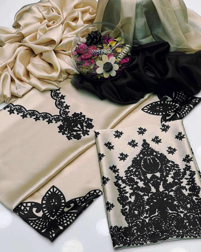 Cream with Black Charmeuse SILK 3pcs