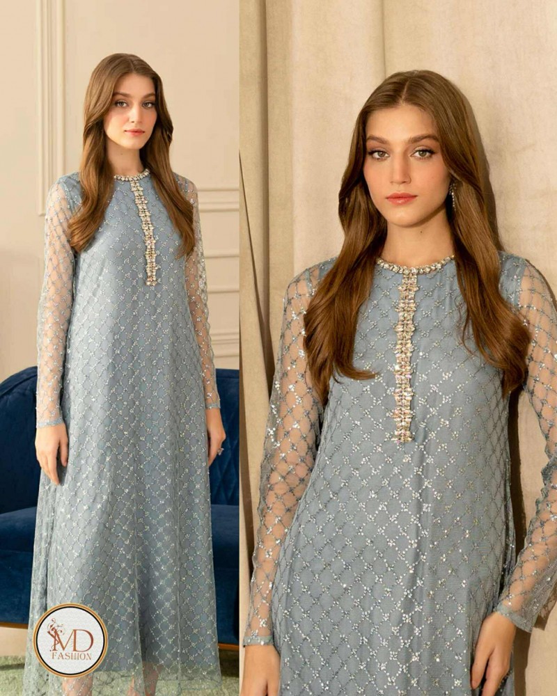 Lulusar Gray sequence Embroidered Net with Silk duppata