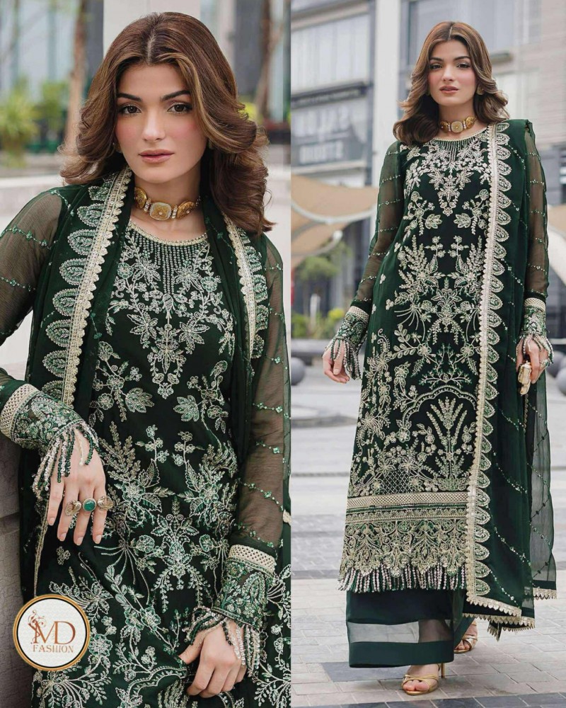 Gulal Dark Green Chiffon embroidered dress