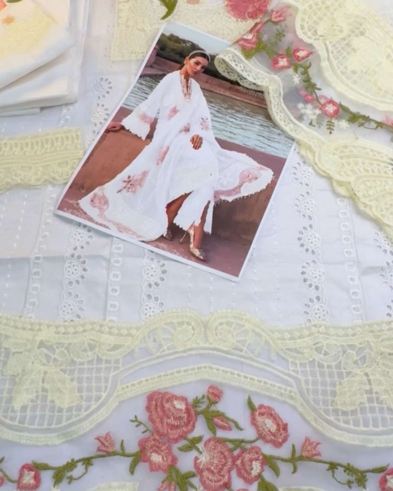 Crimson White Cotton Chikekari with chiffon dupatta