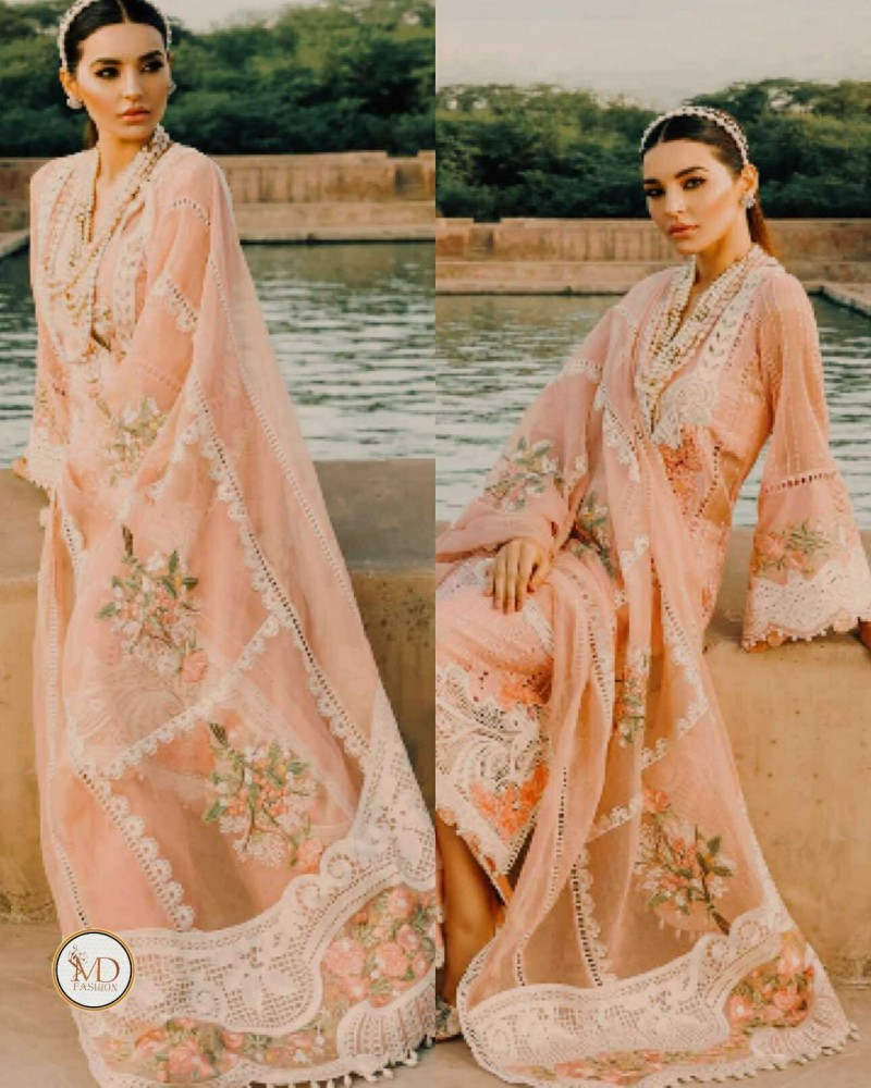 Crimson peach Cotton Chikekari with chiffon dupatta