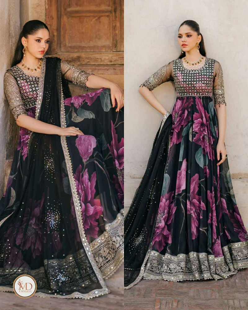 Iznik Embroidered Chiffon digital Print Maxi Lahenga