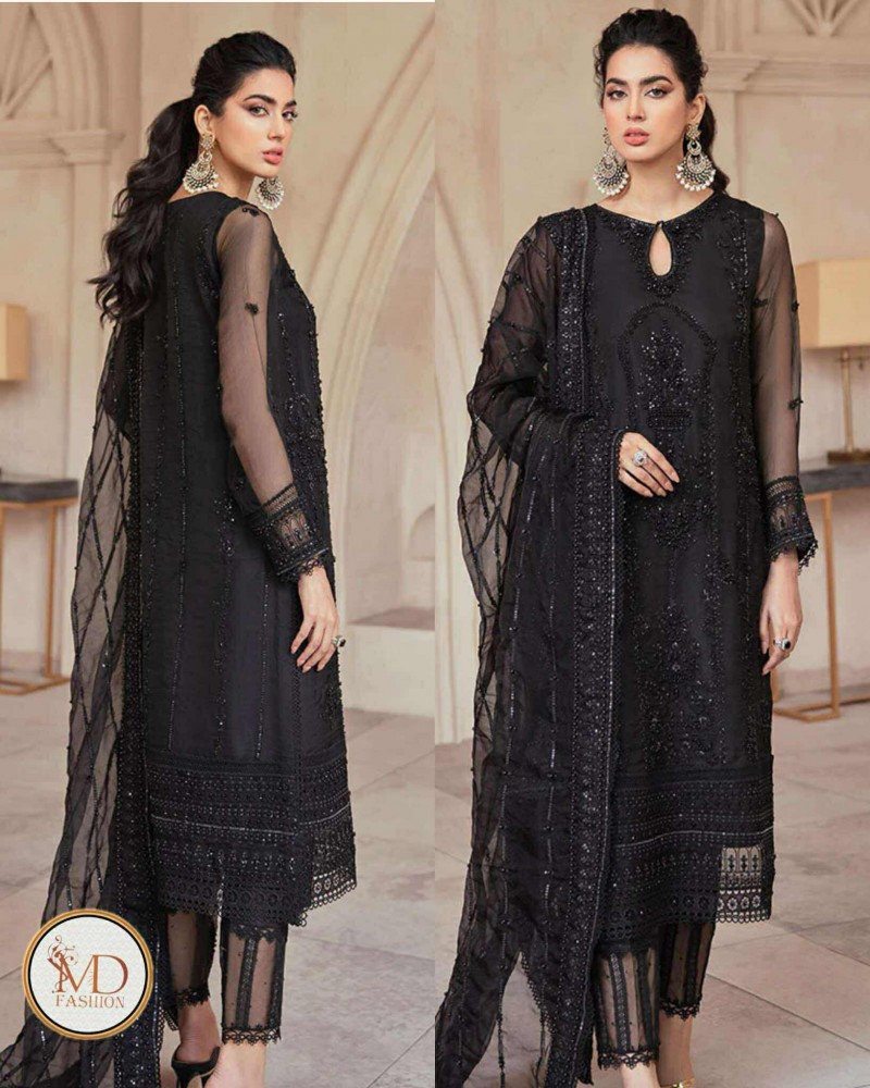 Mushq Jet Black Hand Embellished net embroidered